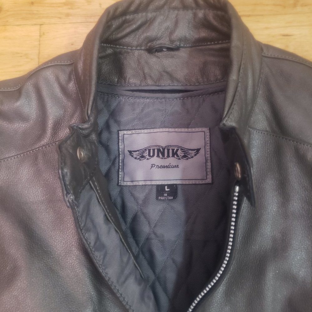Unik Premium Silver & Black Large Leather Motorcycle Jacket - Like New